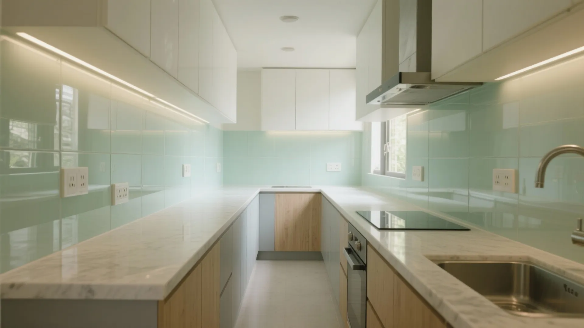 Glass backsplash to brighten a narrow galley