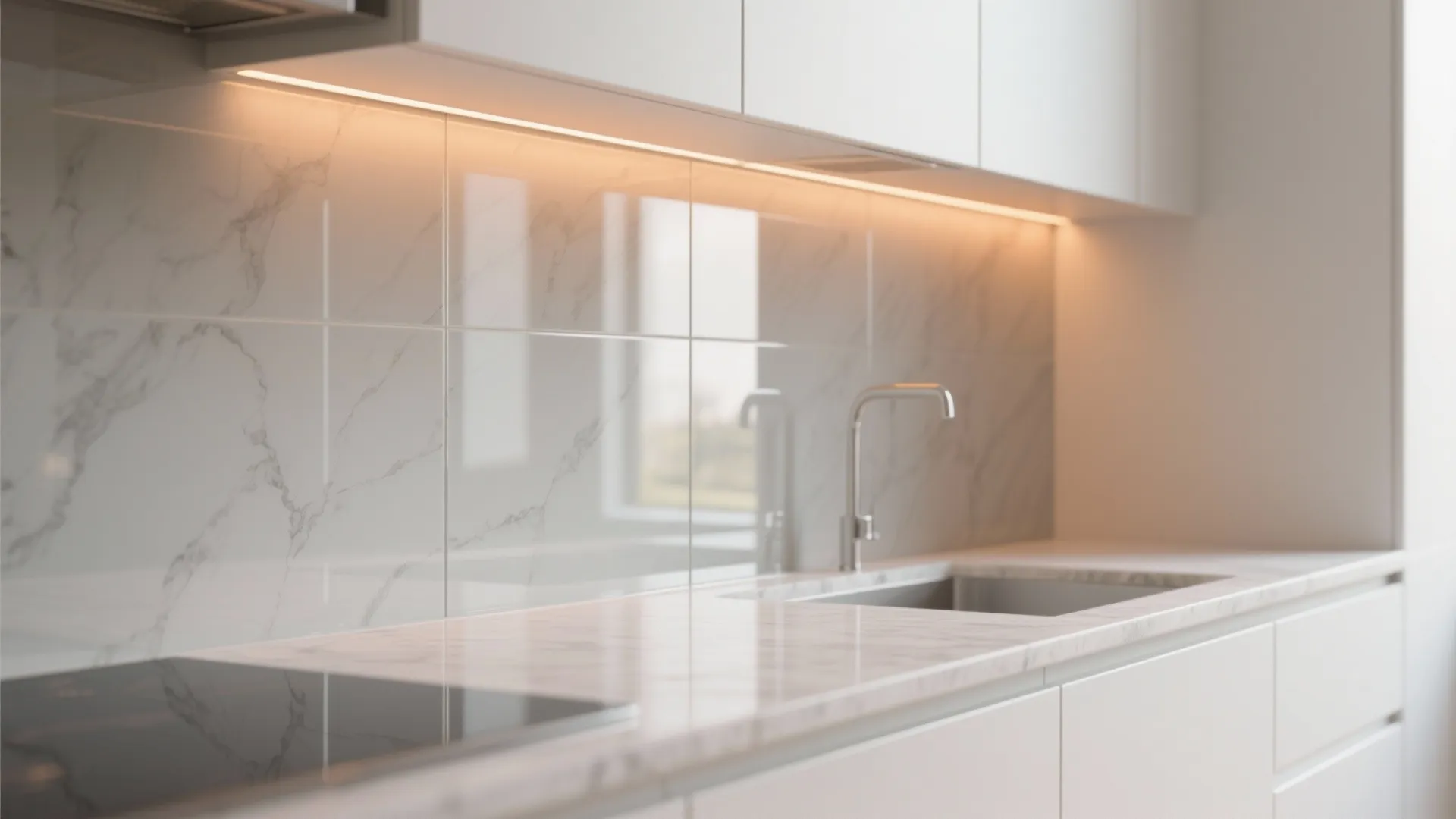 Glass backsplash and reflective finishes to amplify light