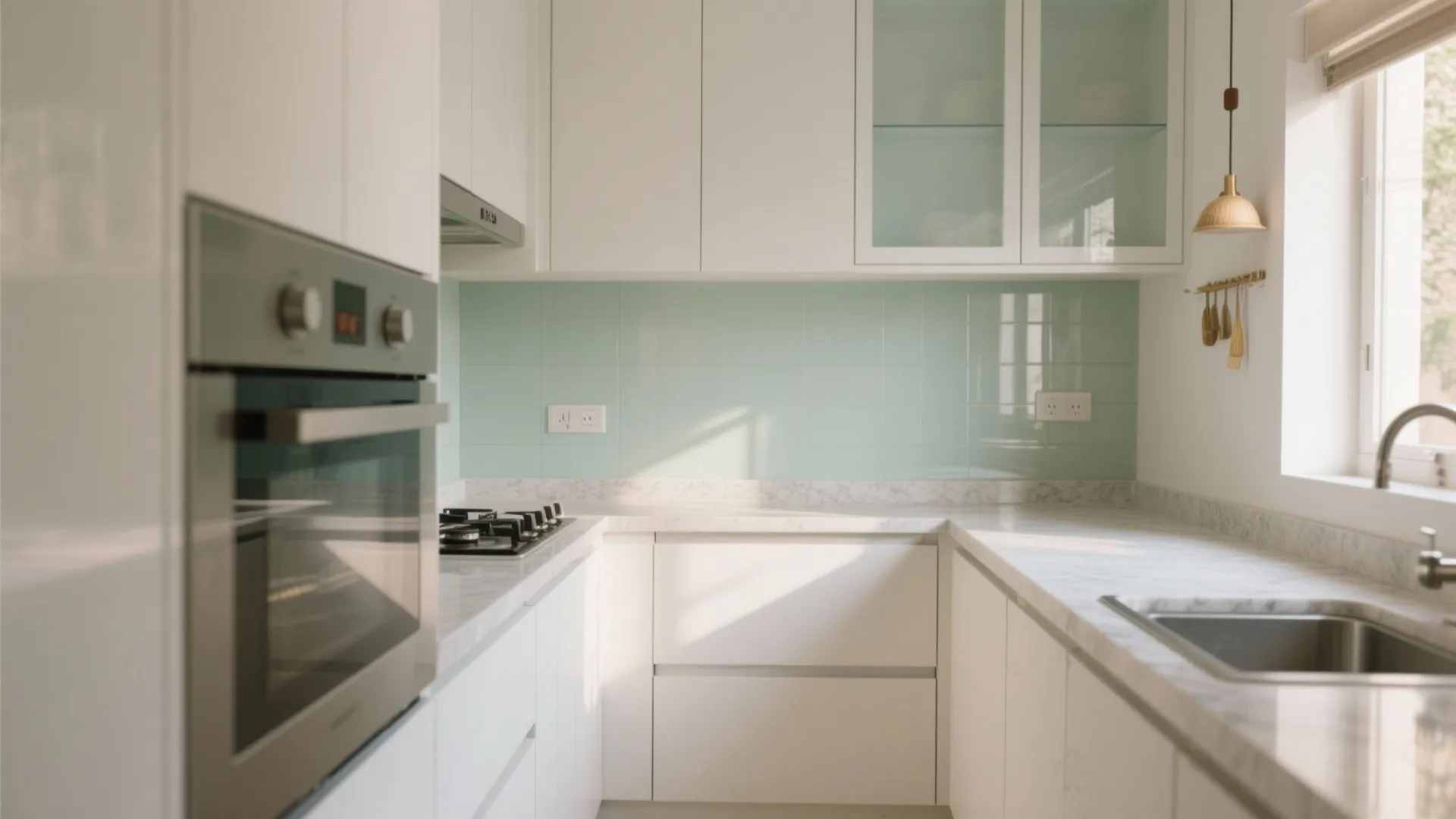 Glass backsplash for bounce-light and easy cleanup