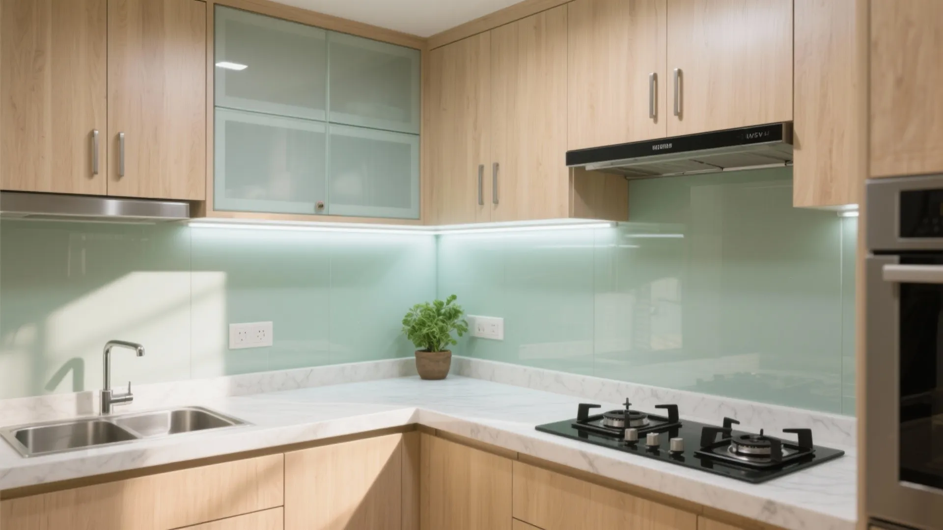Minimalist Kitchen Storage with a Glass Backsplash