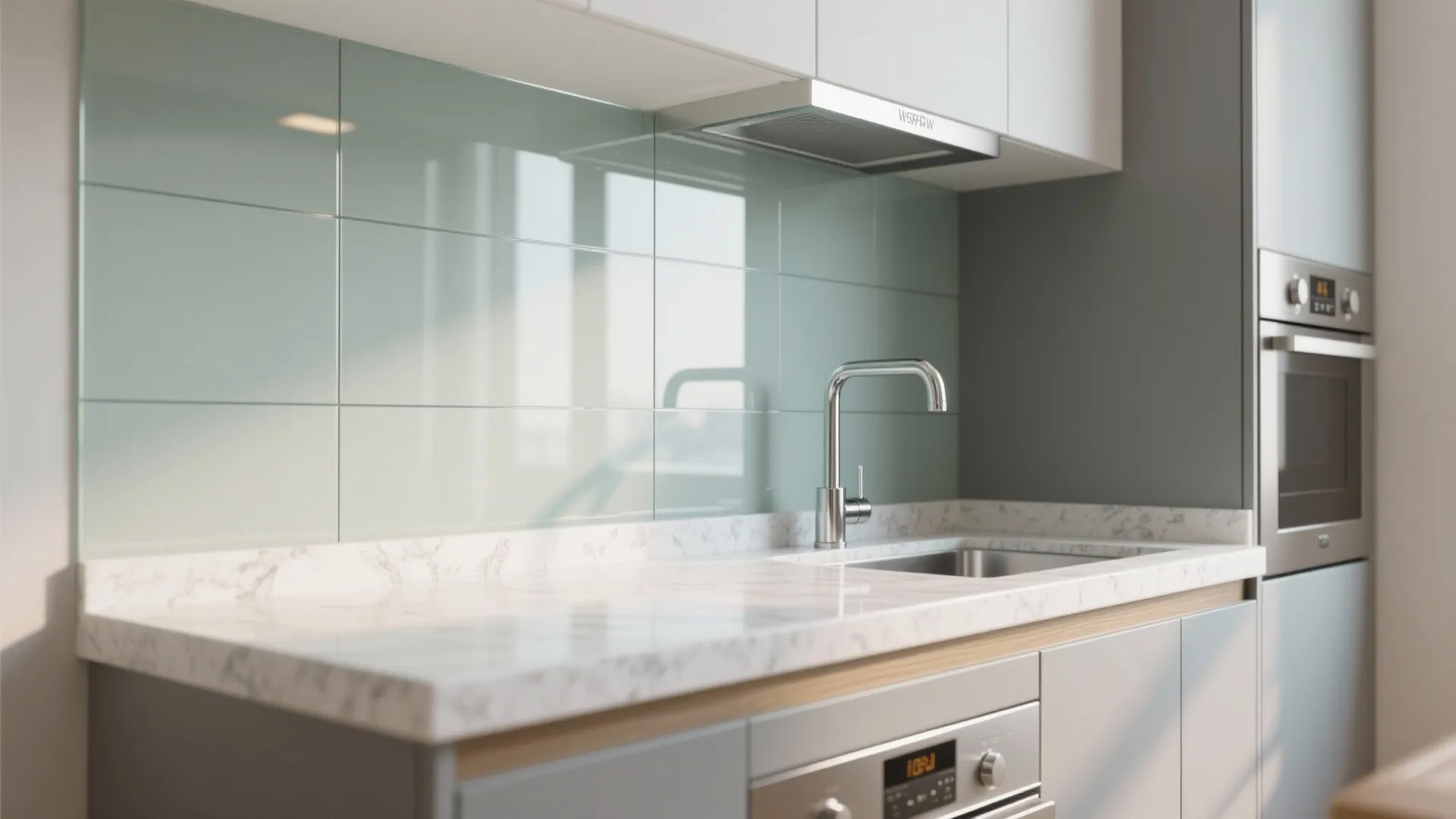 Glass backsplash and reflective finishes in the kitchen