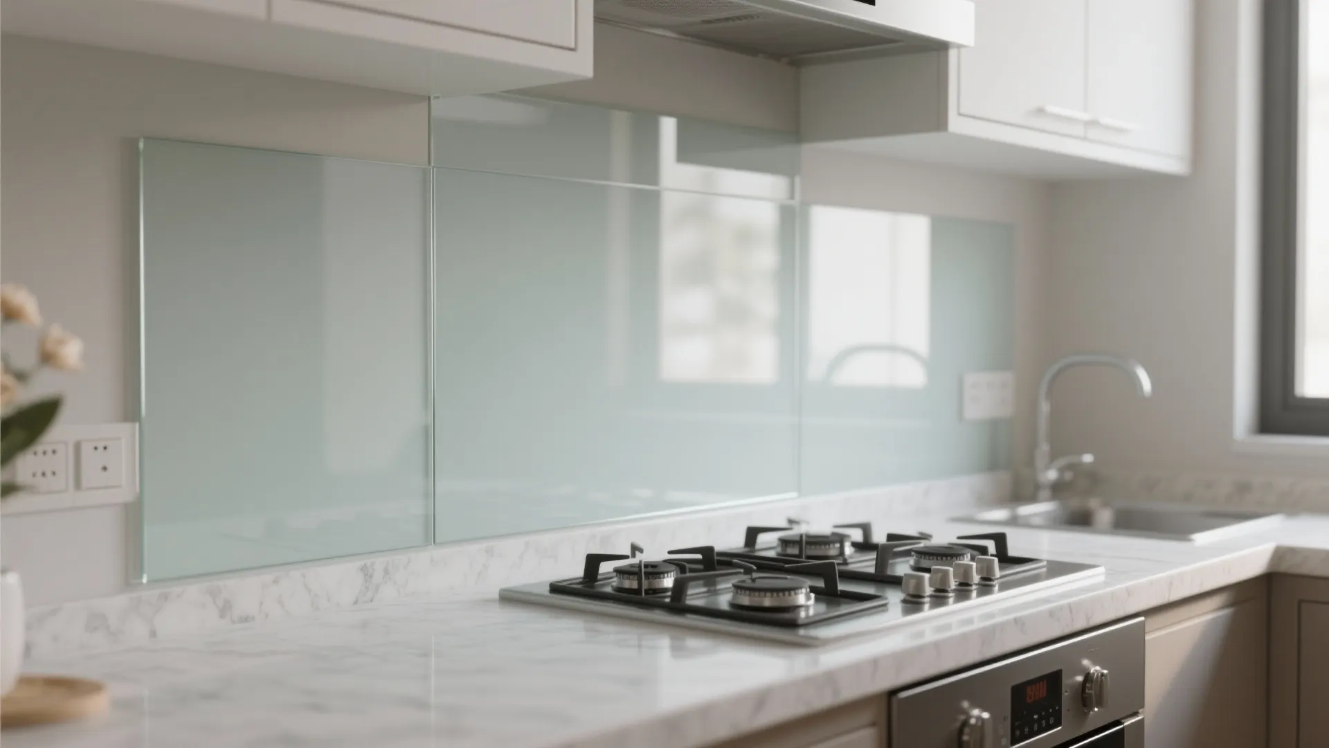 Glass backsplash for openness and easy care