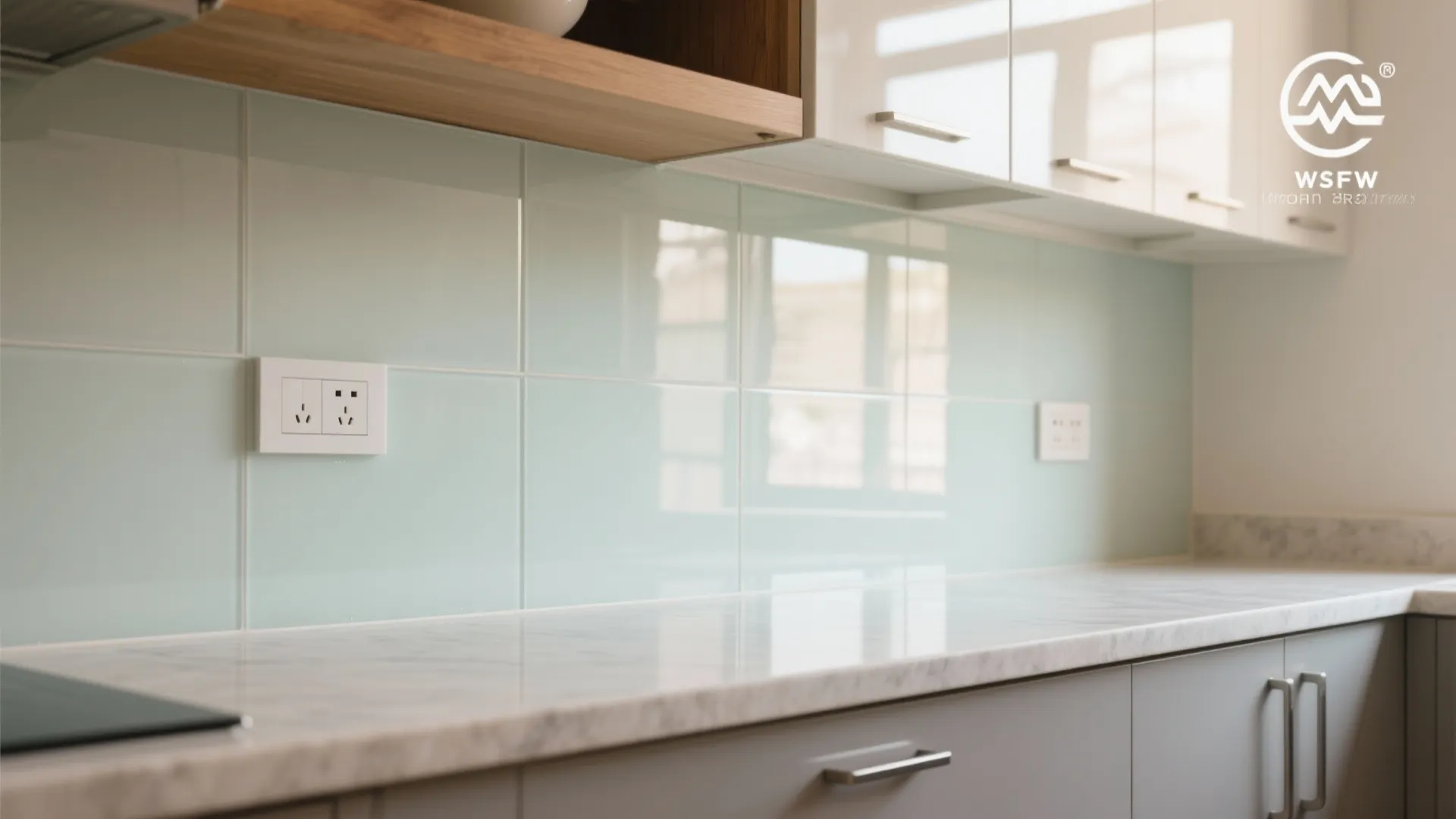 Light-bouncing glass backsplash and reflective accents