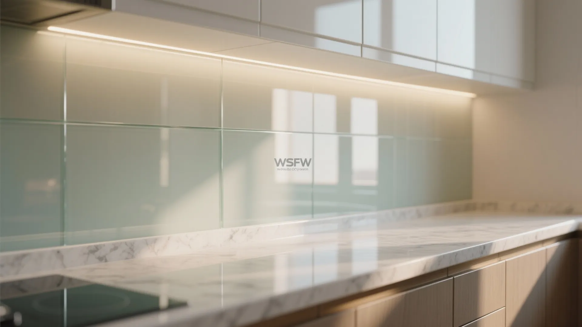 Glass backsplash for light and easy cleaning