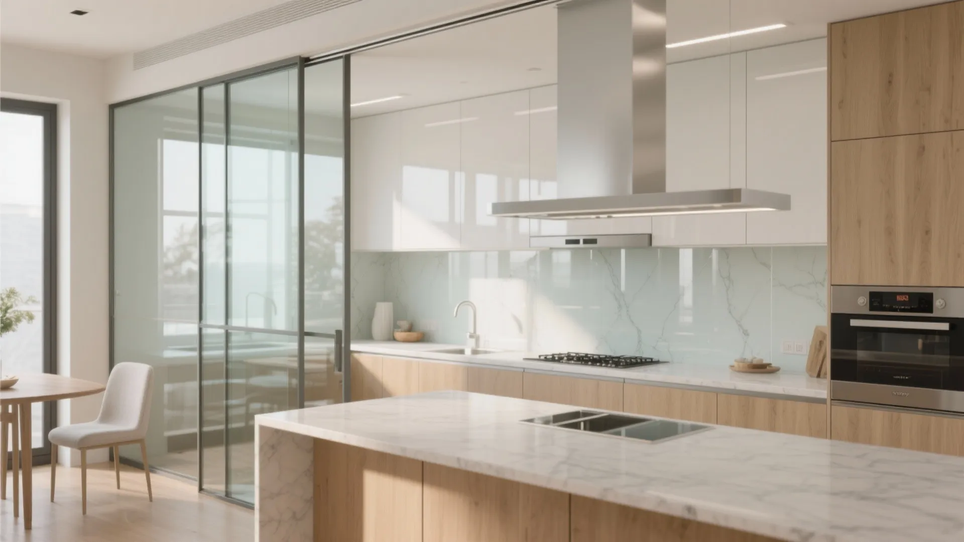 Glass partitions and a reflective backsplash for light