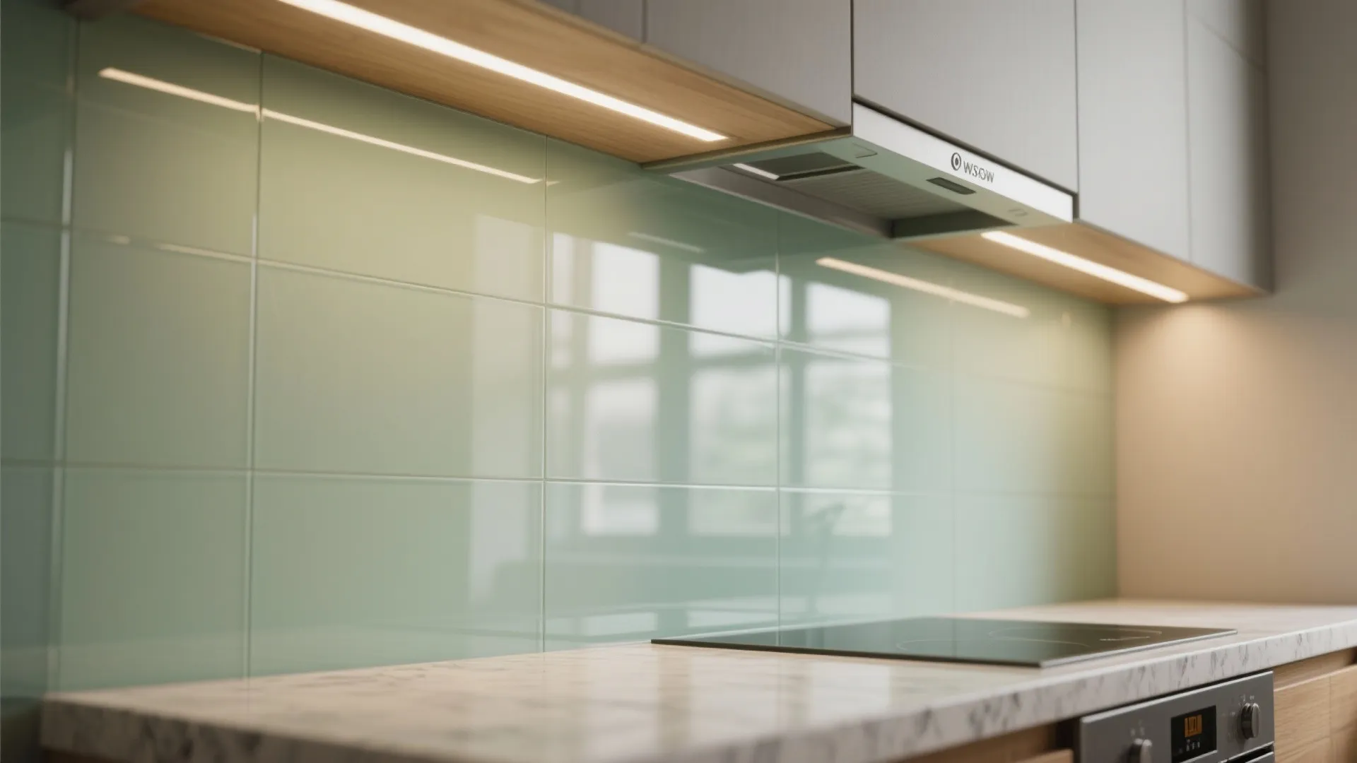 Glass backsplash and reflective finishes to brighten