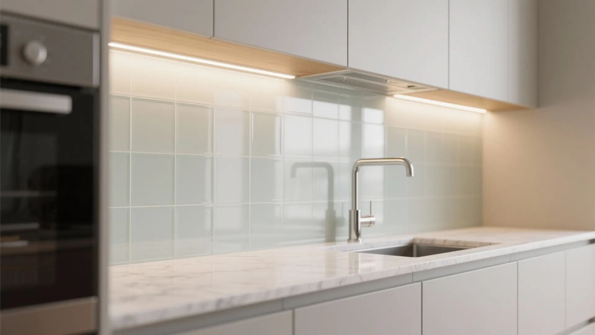 Glass backsplash and reflective finishes in the kitchen