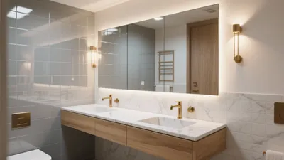 Modern Double Vanity Bathroom Design with Marble & Wood Accents