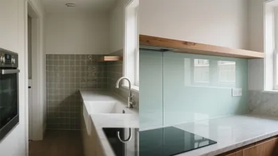 Modern Kitchen Design with Glass Backsplash and Wood Accent