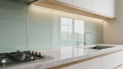Modern Kitchen with Mint Glass Backsplash & Smart Lighting