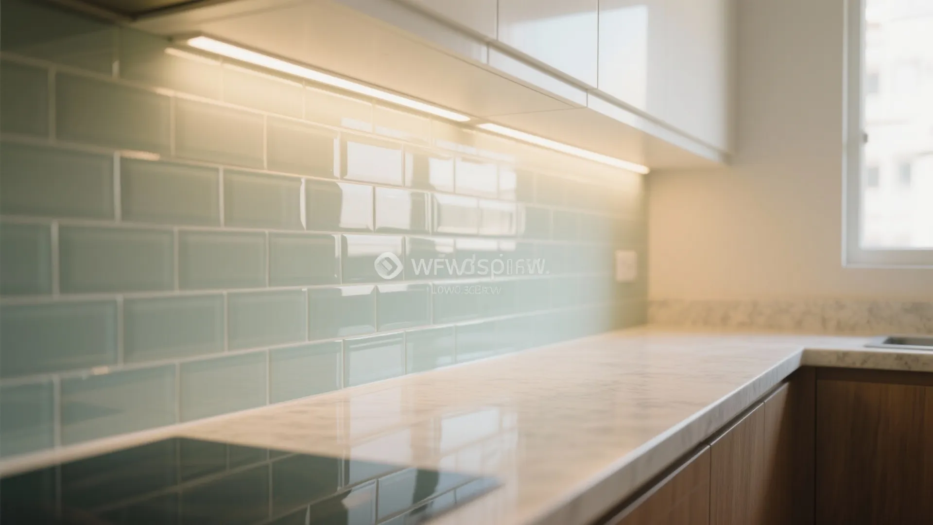 Light, reflective finishes—and a glass backsplash—to make rooms feel airy