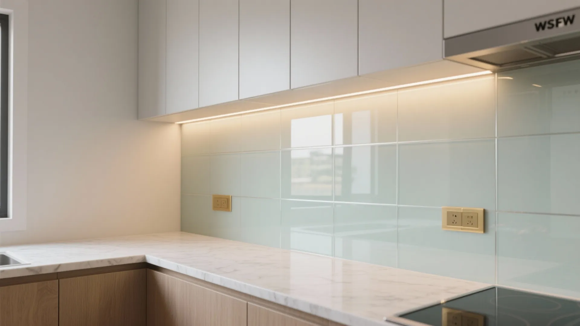 Glass Backsplash and Reflective Finishes for an Airier Kitchen