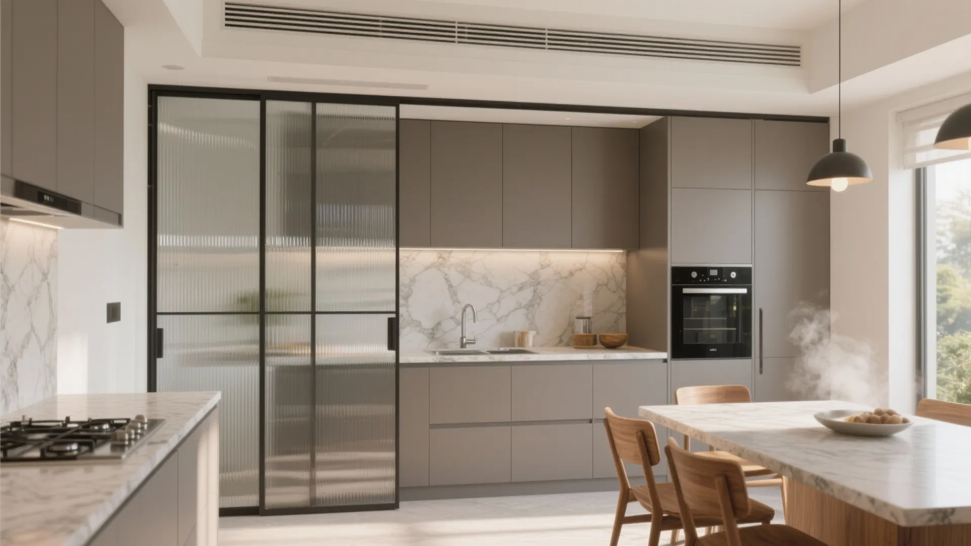 Glass backsplash and light-friendly partitions