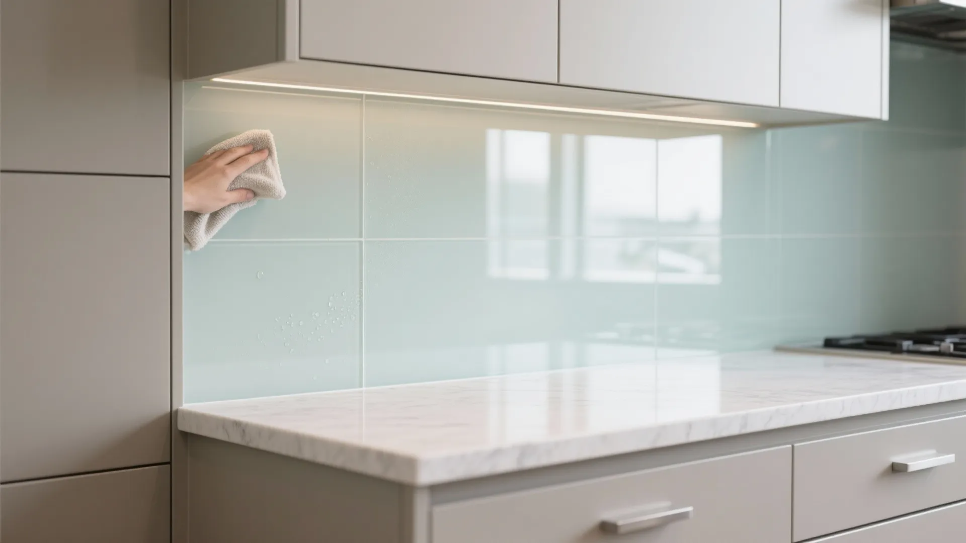 Glass Backsplash and Reflective Finishes for a Brighter Kitchen