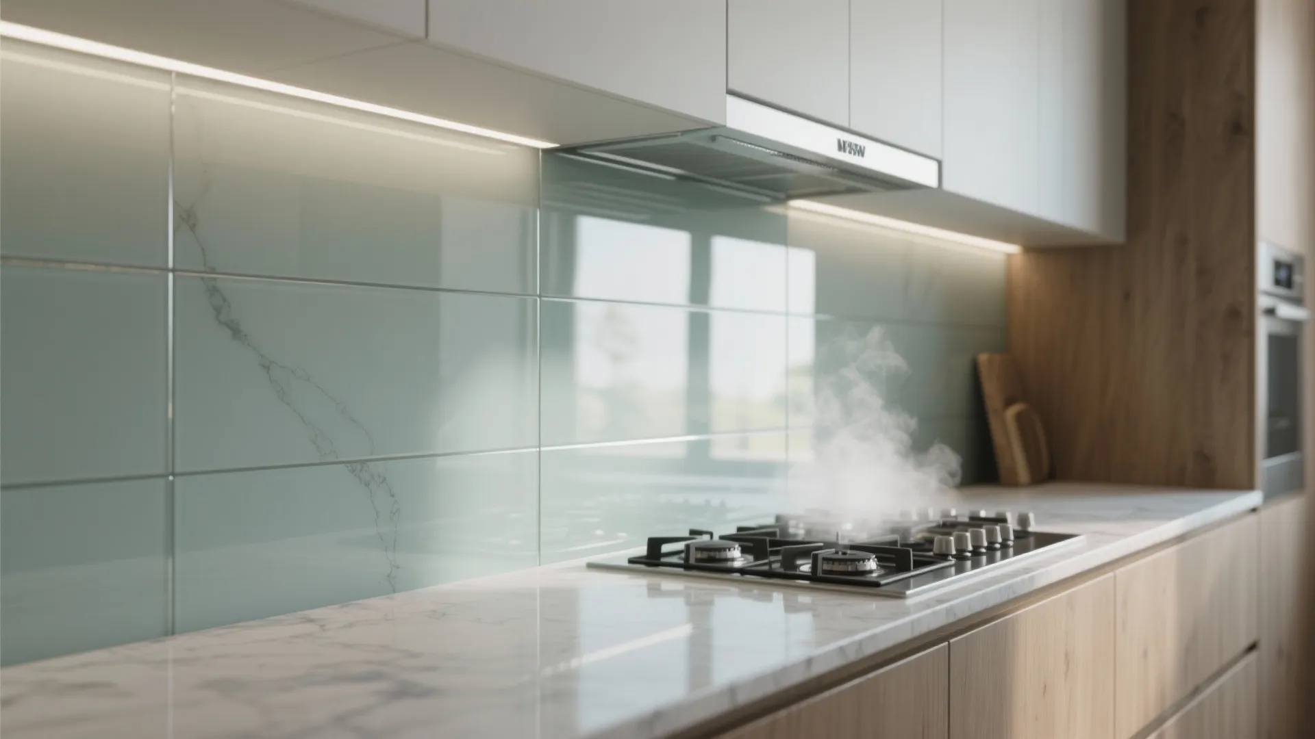 A glass backsplash to bounce light and feel bigger