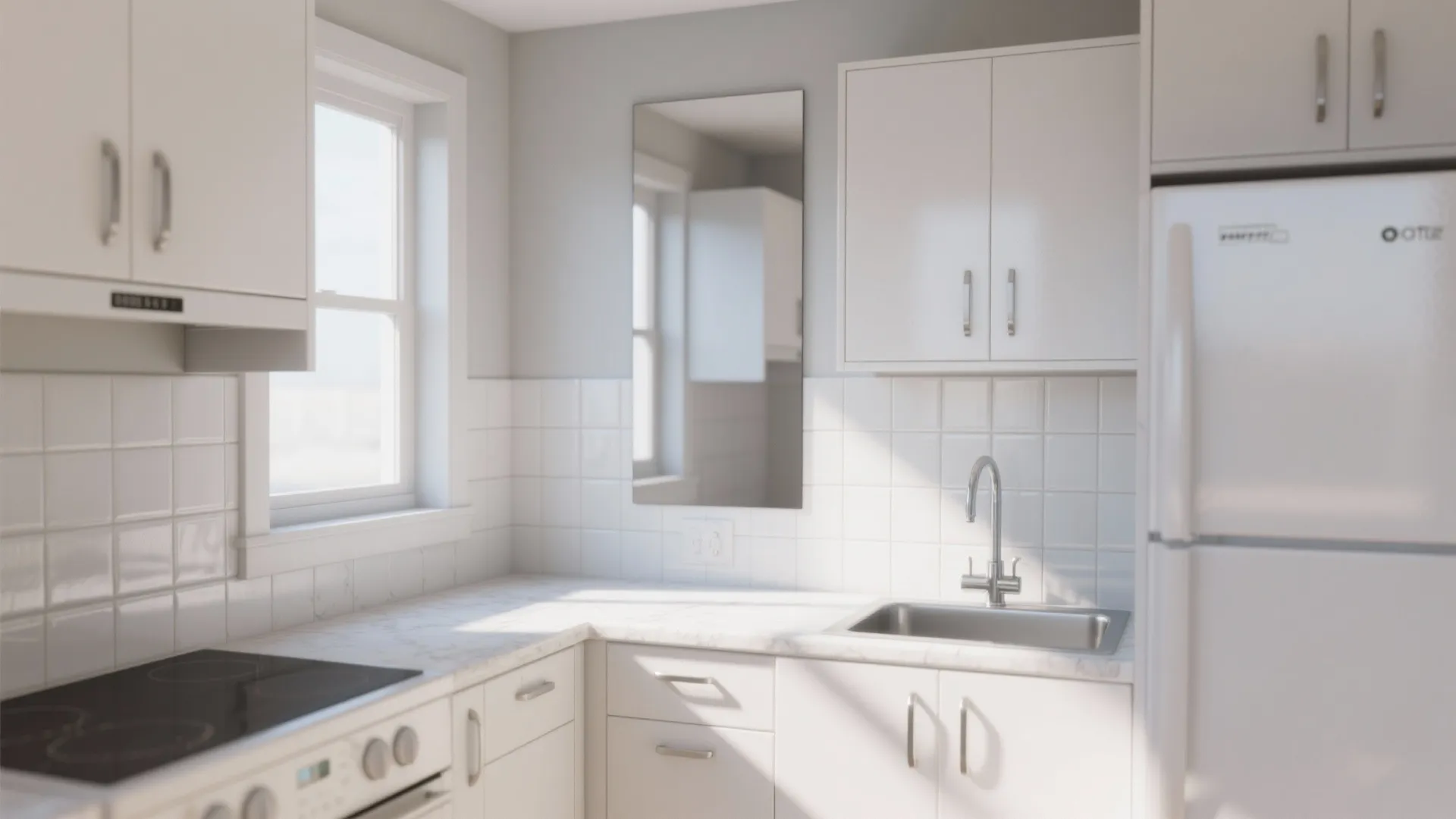 Modern white kitchen interior featuring a corner sink small window simple cabinets and a white refrigerator