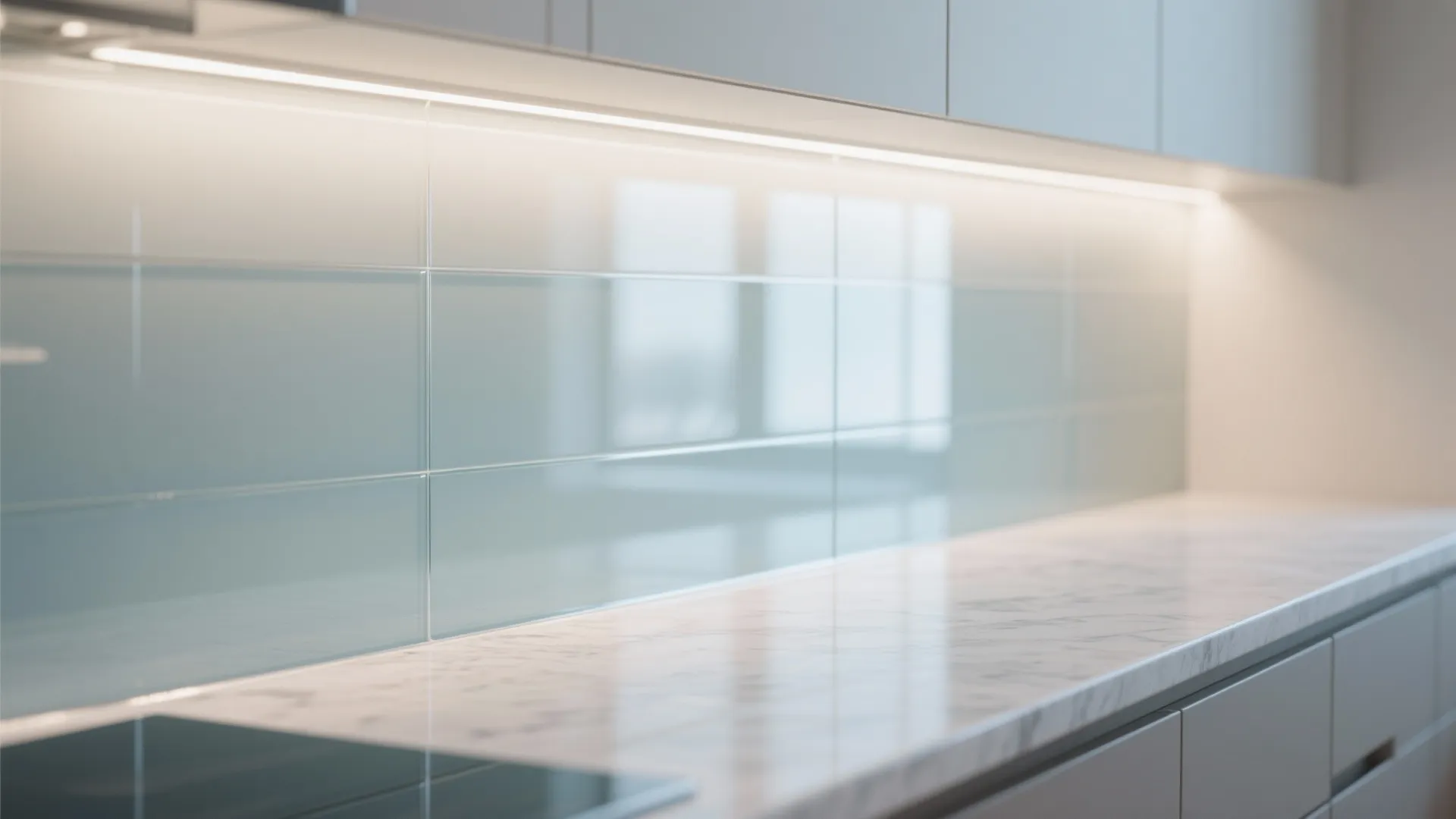 Glass backsplash and light-reflective surfaces