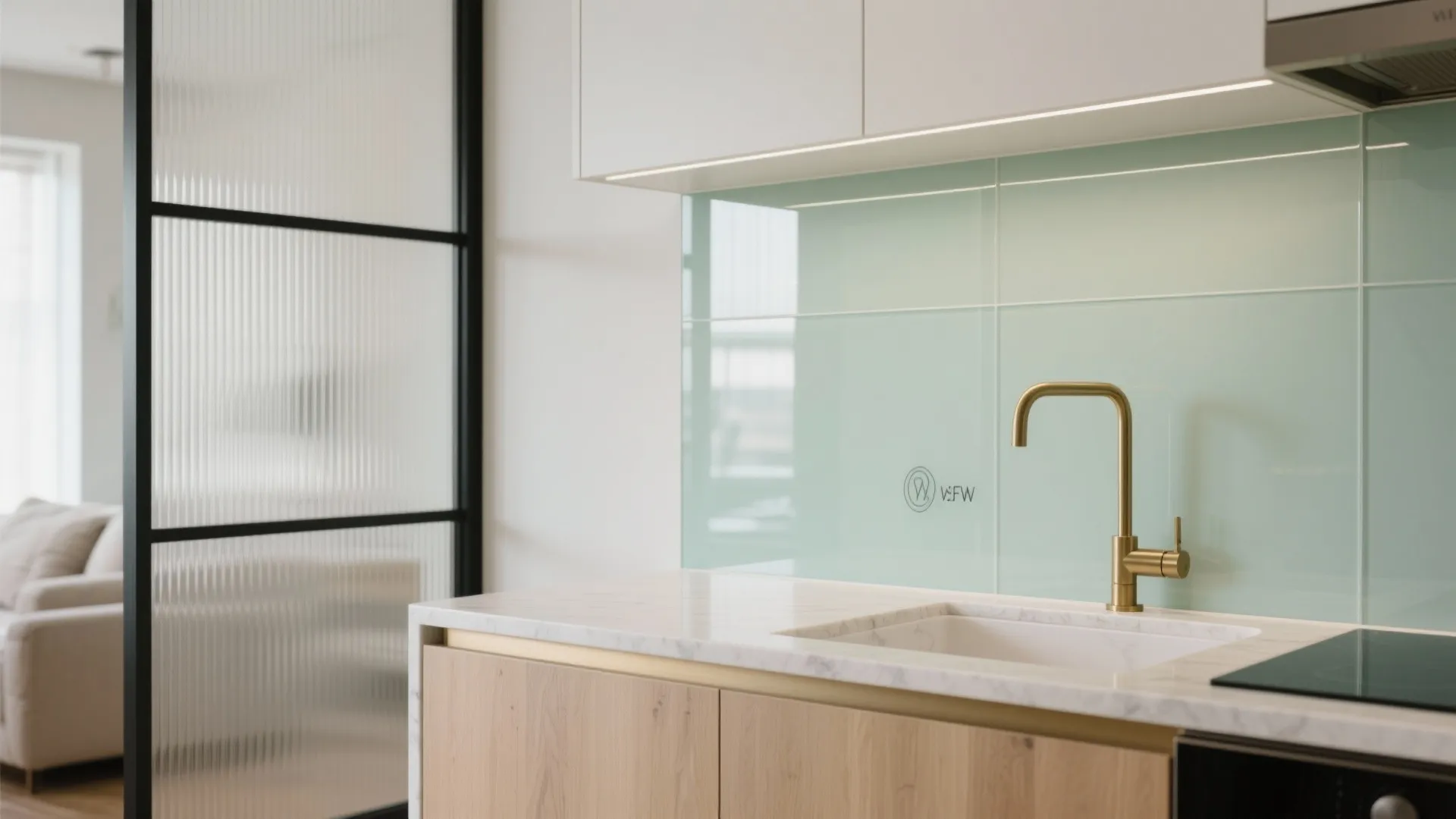 Glass backsplash and airy partitions