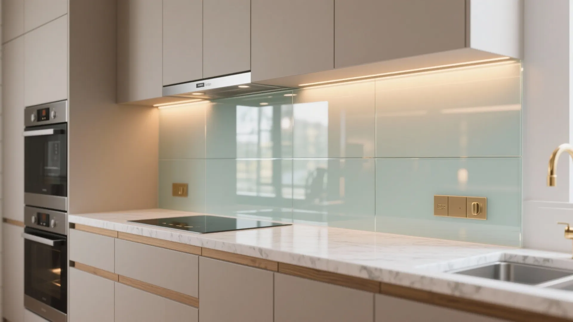 The airy glass backsplash in compact luxury kitchens