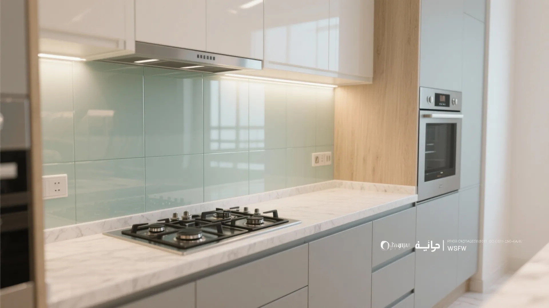 Glass backsplash for airy, easy-care cooking
