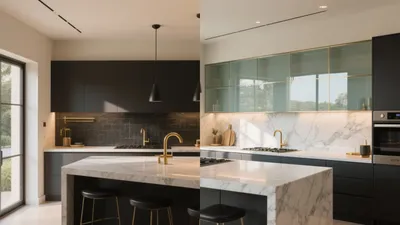 Modern Luxury Kitchen with Marble Island and Gold Accent