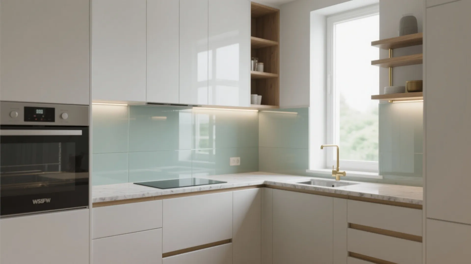 Glass backsplash for airy brightness