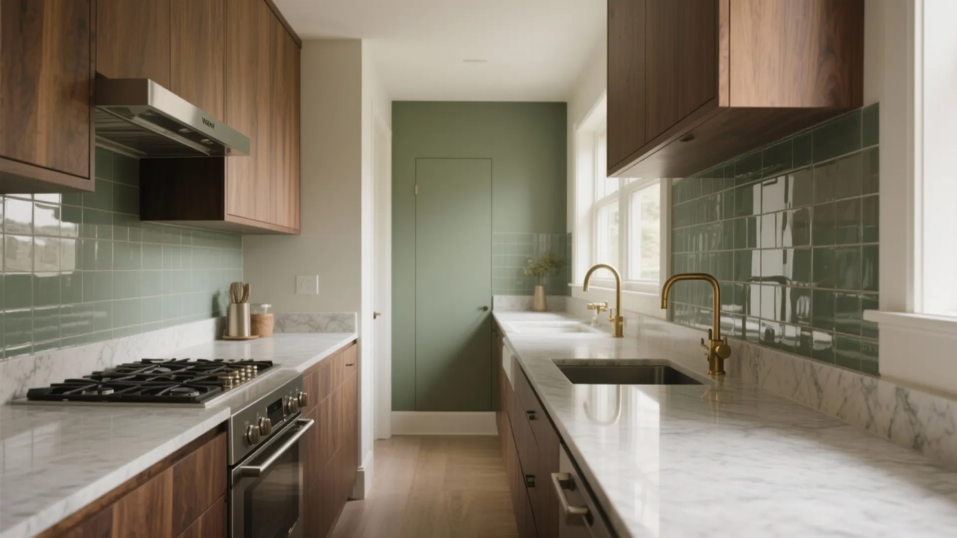 Galley kitchen featuring wood cabinets, white marble countertops, green wall tiles, and gold water taps