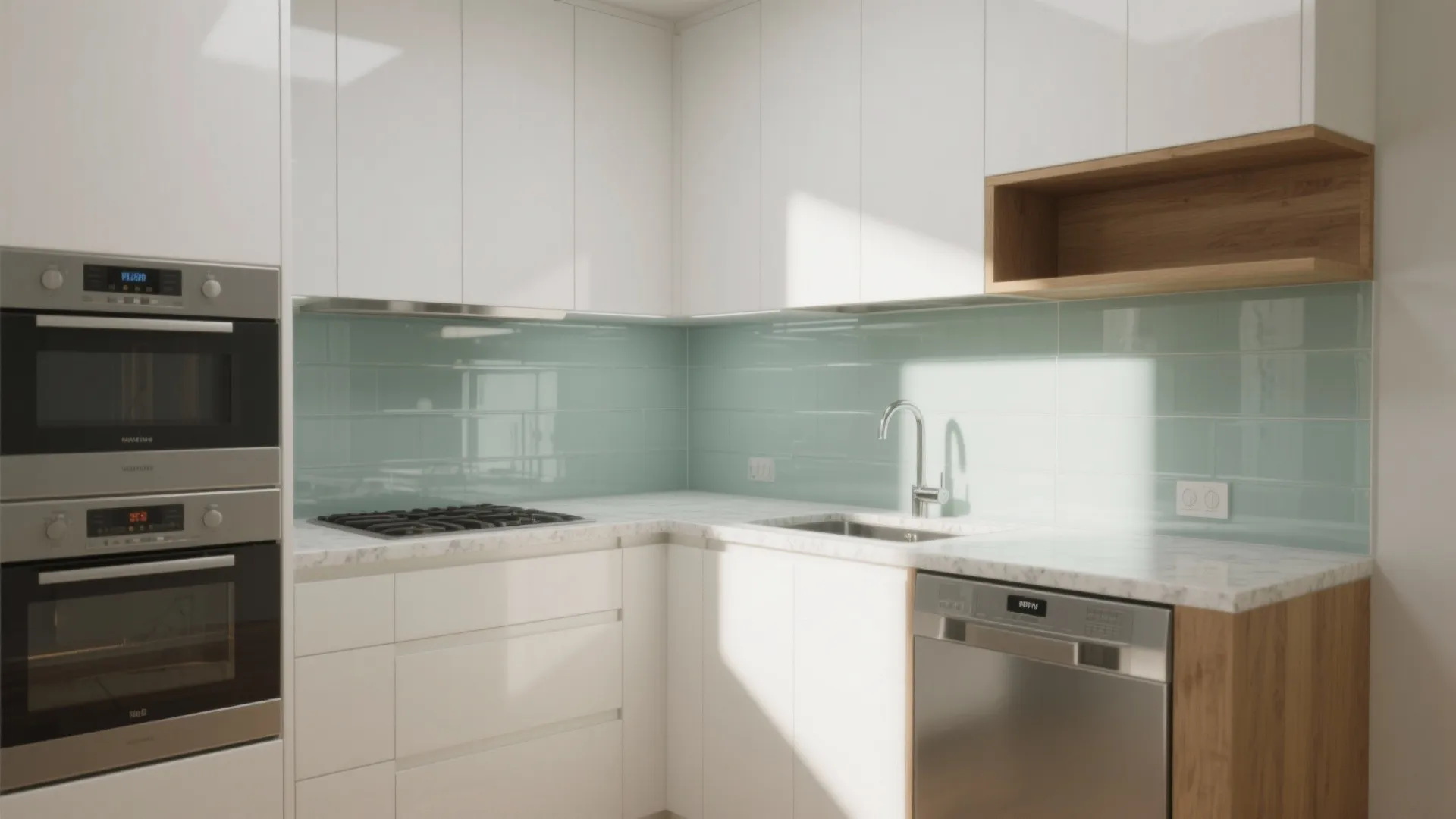 Modern white kitchen with light blue wall tiles and built in oven and dishwasher machines