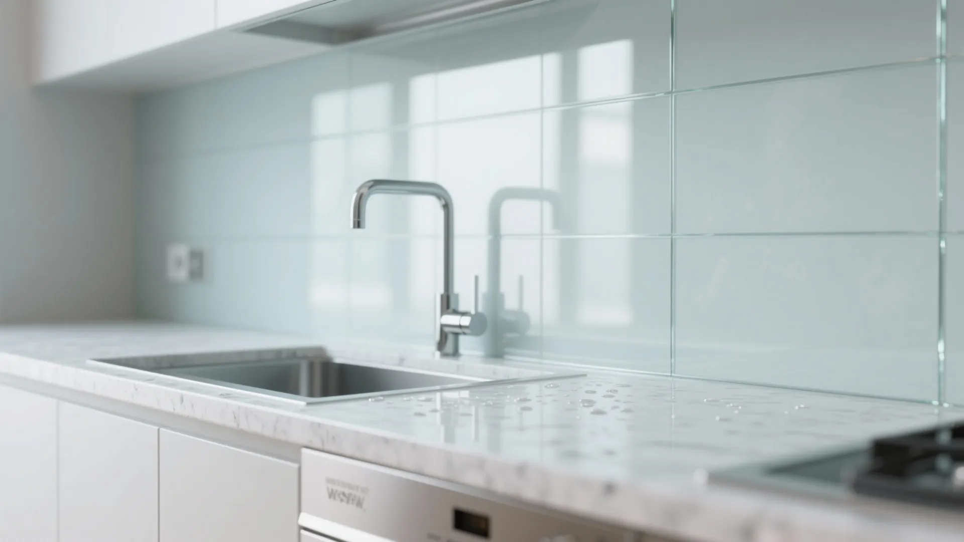 Modern kitchen with a light blue glass backsplash silver faucet marble countertop and white cabinets