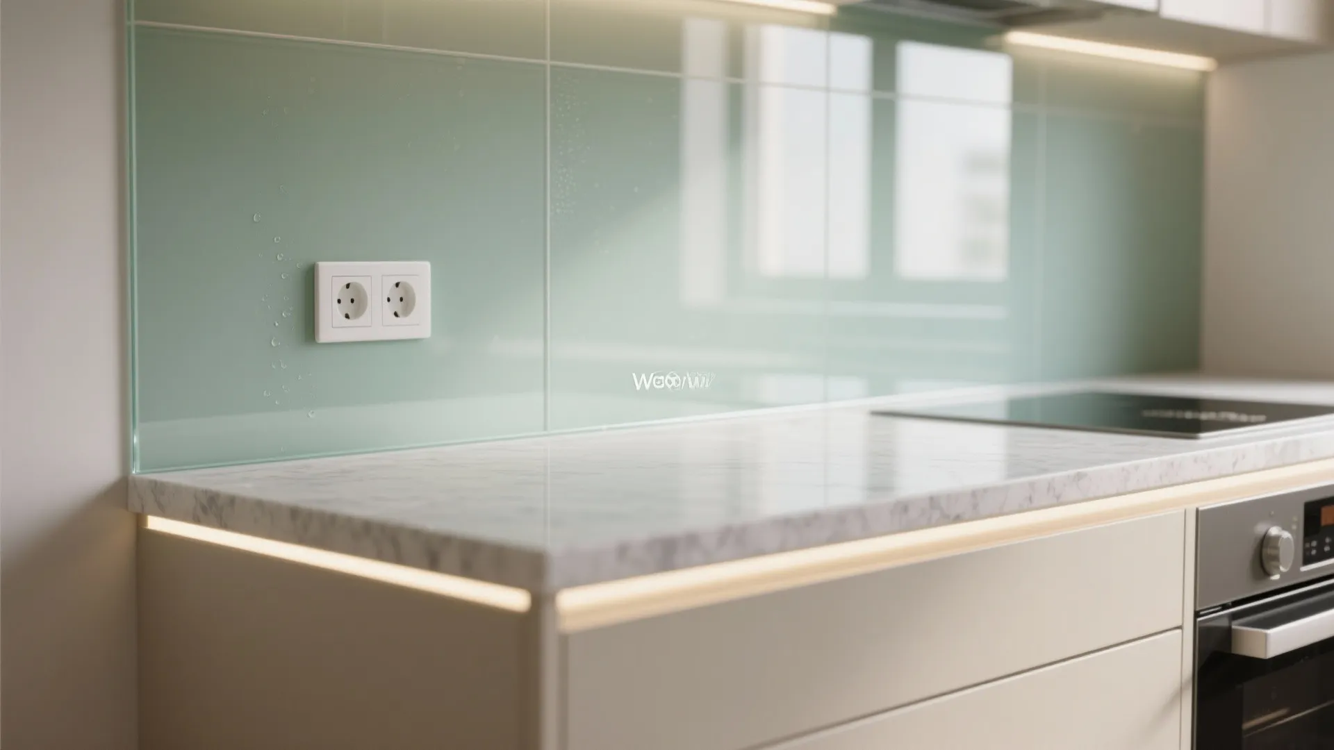 Shine without clutter: glass backsplash and bounce lighting