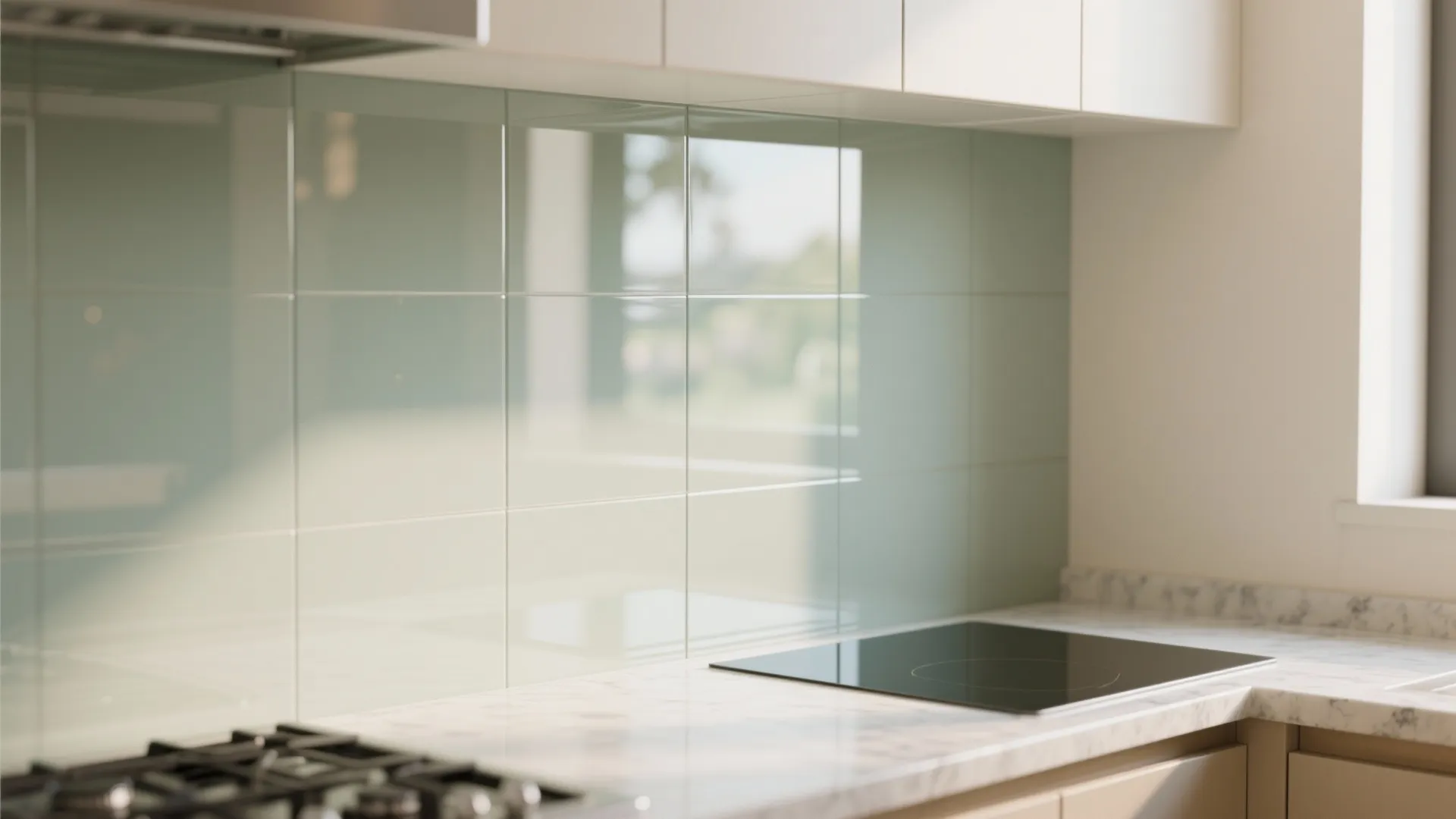 Glass backsplash and reflective finishes to amplify light