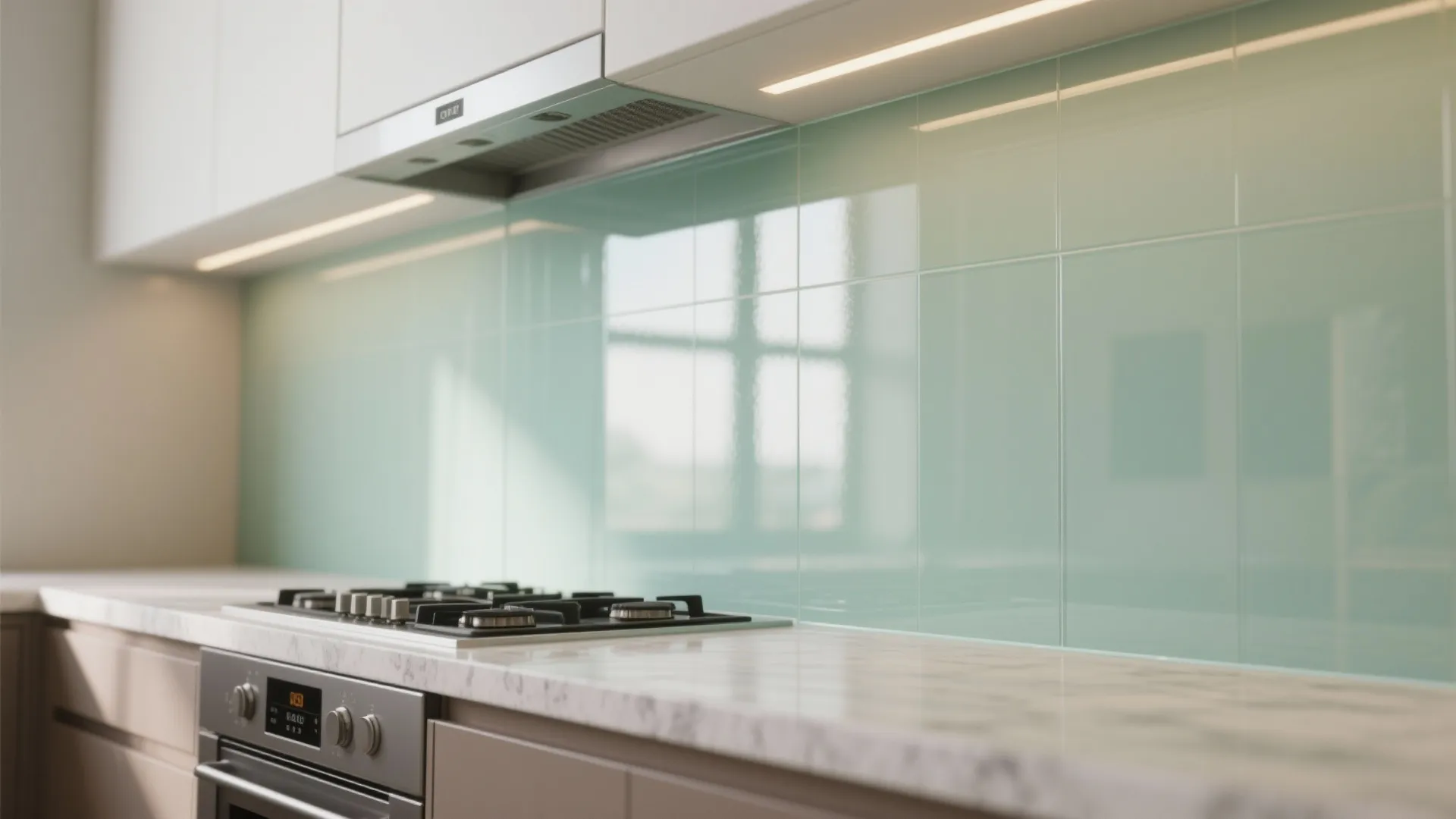 Glass backsplash for airy, reflective brightness