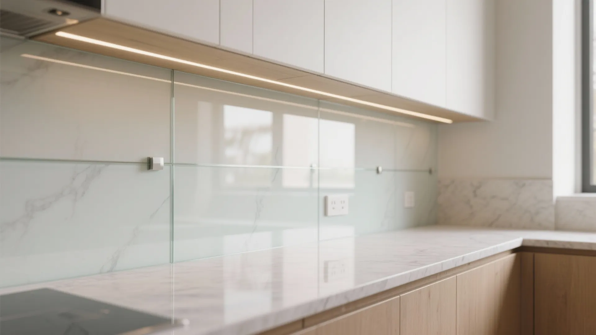 Reflective finishes and a glass backsplash