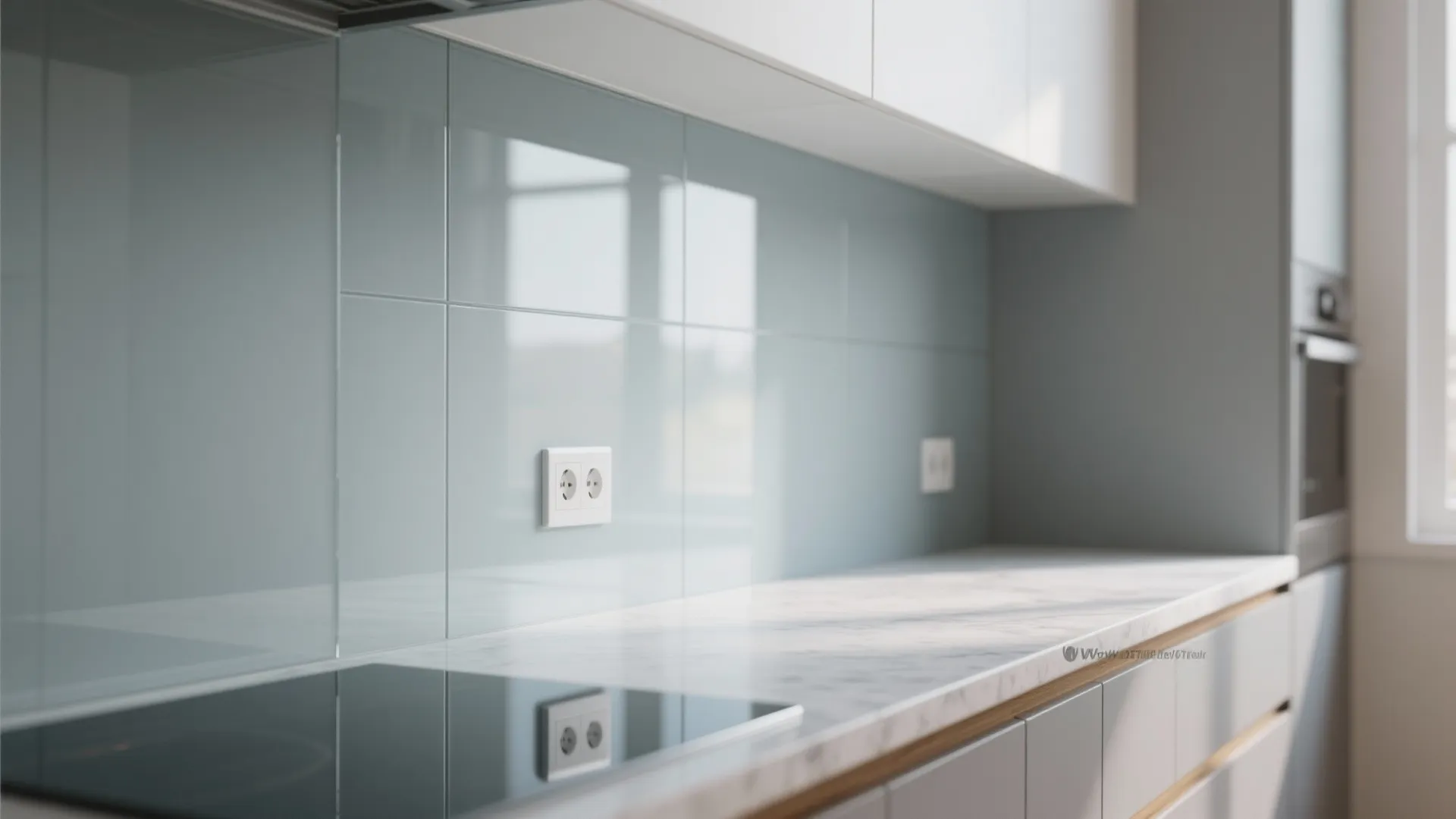Glass backsplash’s airy feel in a narrow kitchen