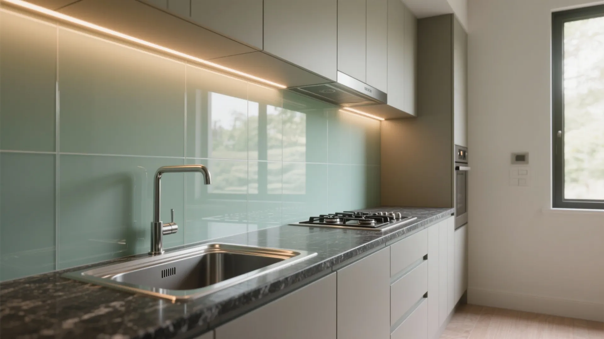 Glass backsplash for an airy, easy-clean kitchen