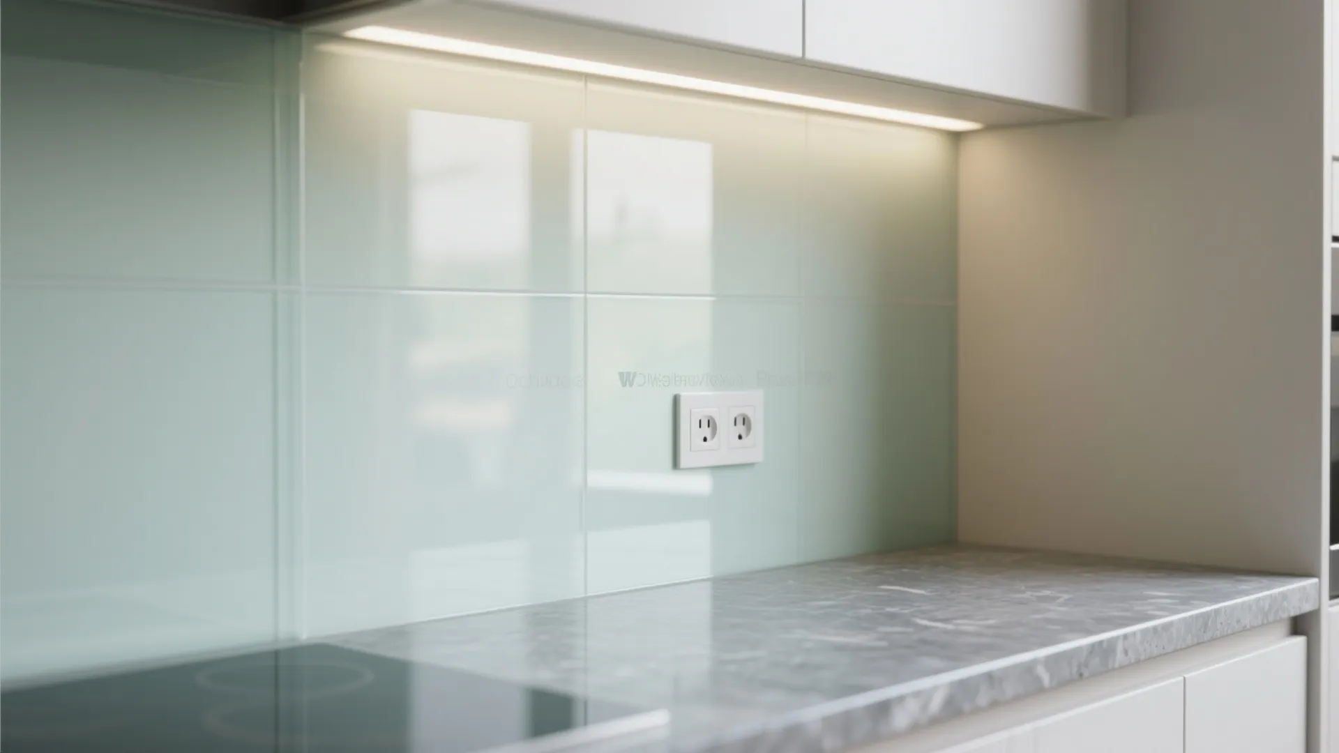 Modern kitchen with glass wall panels gray marble countertop white power outlet and bright ceiling light