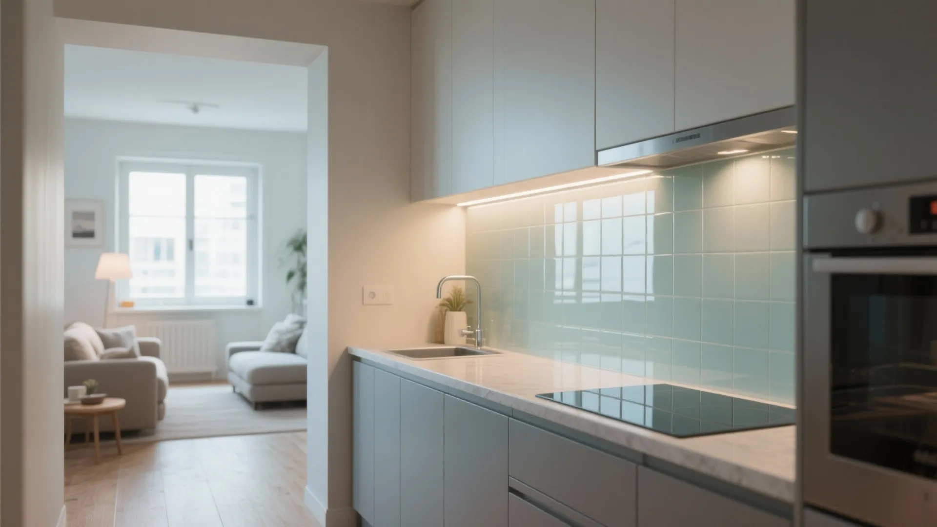 Compact kitchen with back-painted glass backsplash and a subtle mirror strip reflecting daylight.