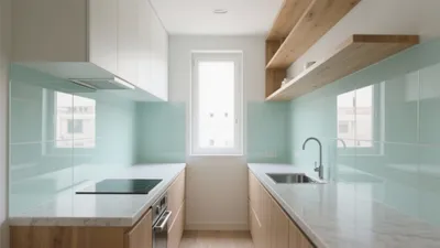 Modern Kitchen with Mint Glass Backsplash and Wood Accent