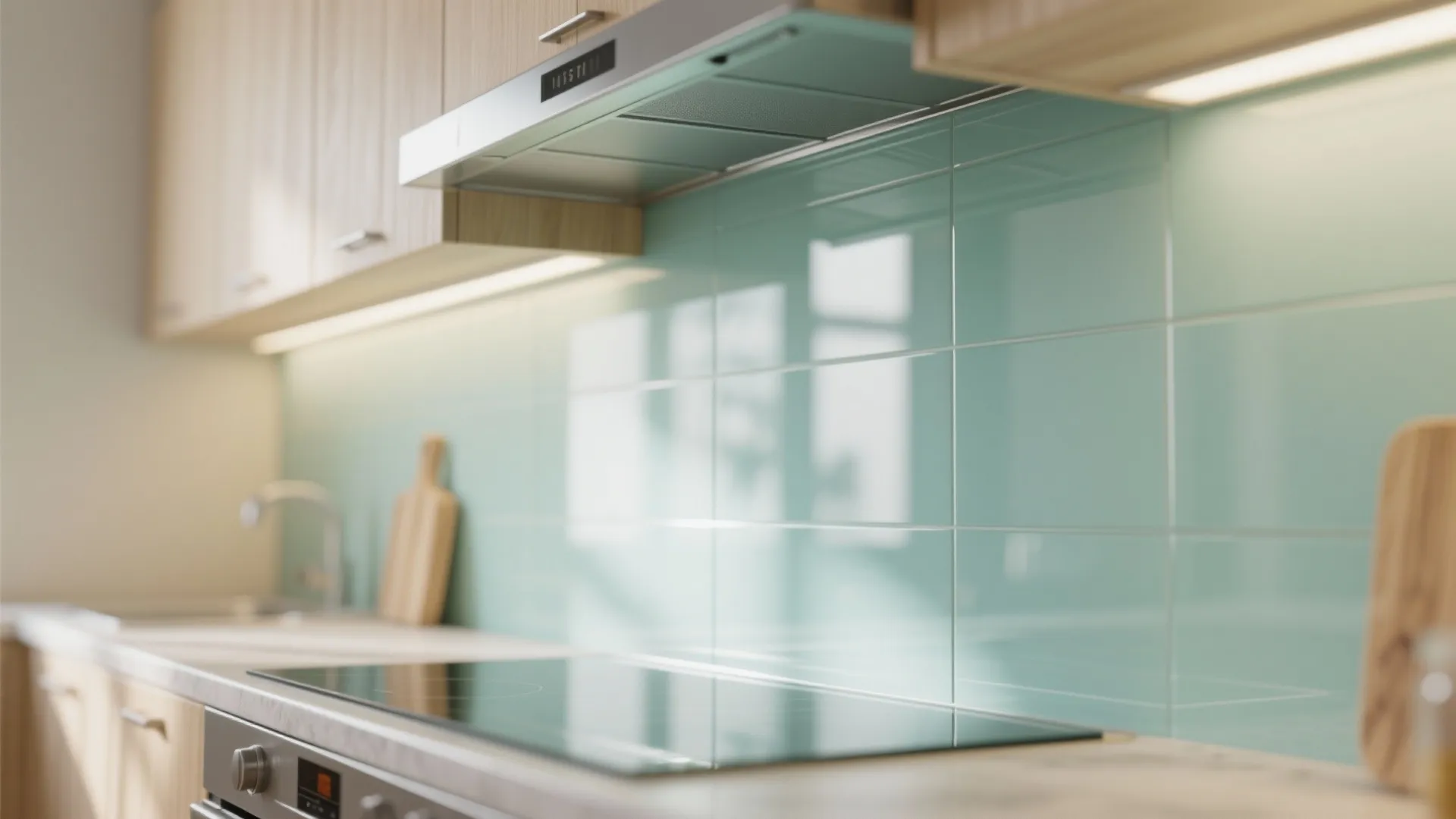 Glass backsplash for openness and easy cleaning