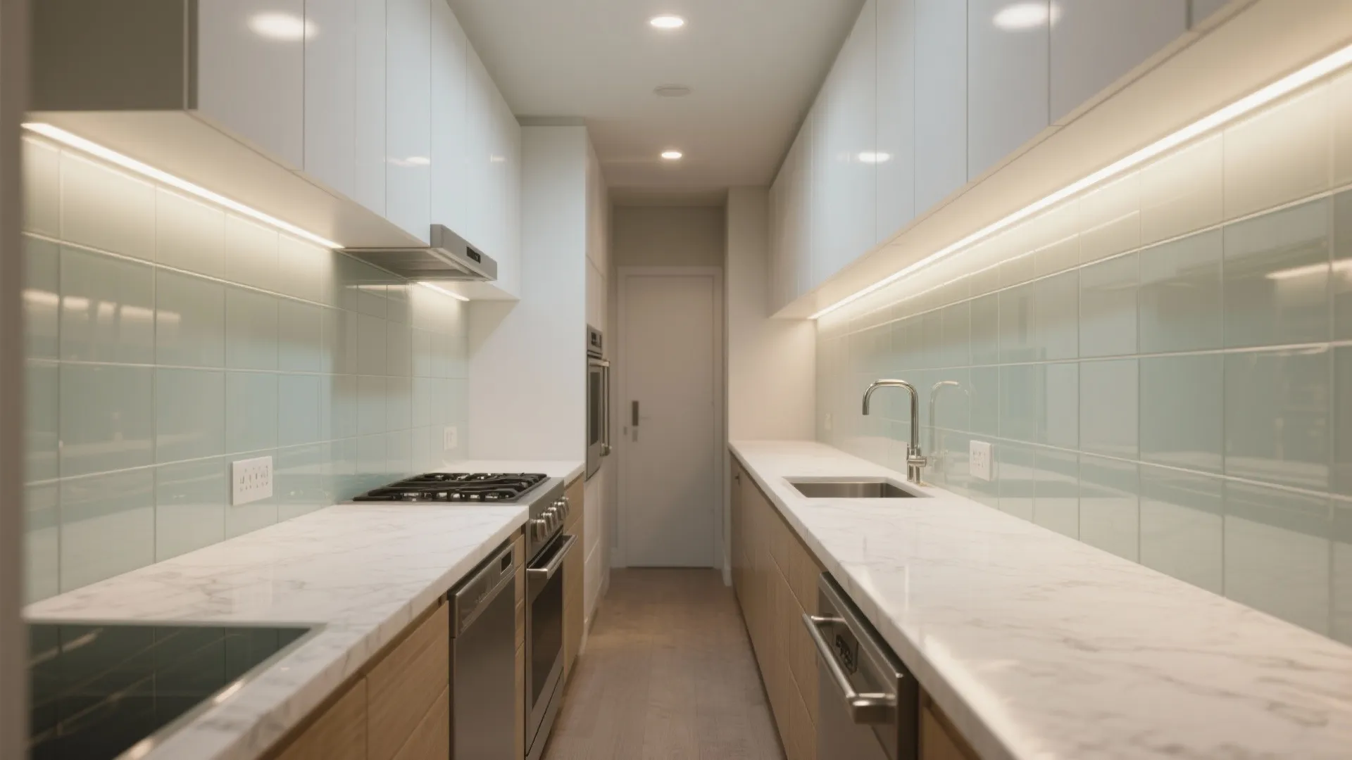 Glass backsplash and bounce-light finishes to open up space