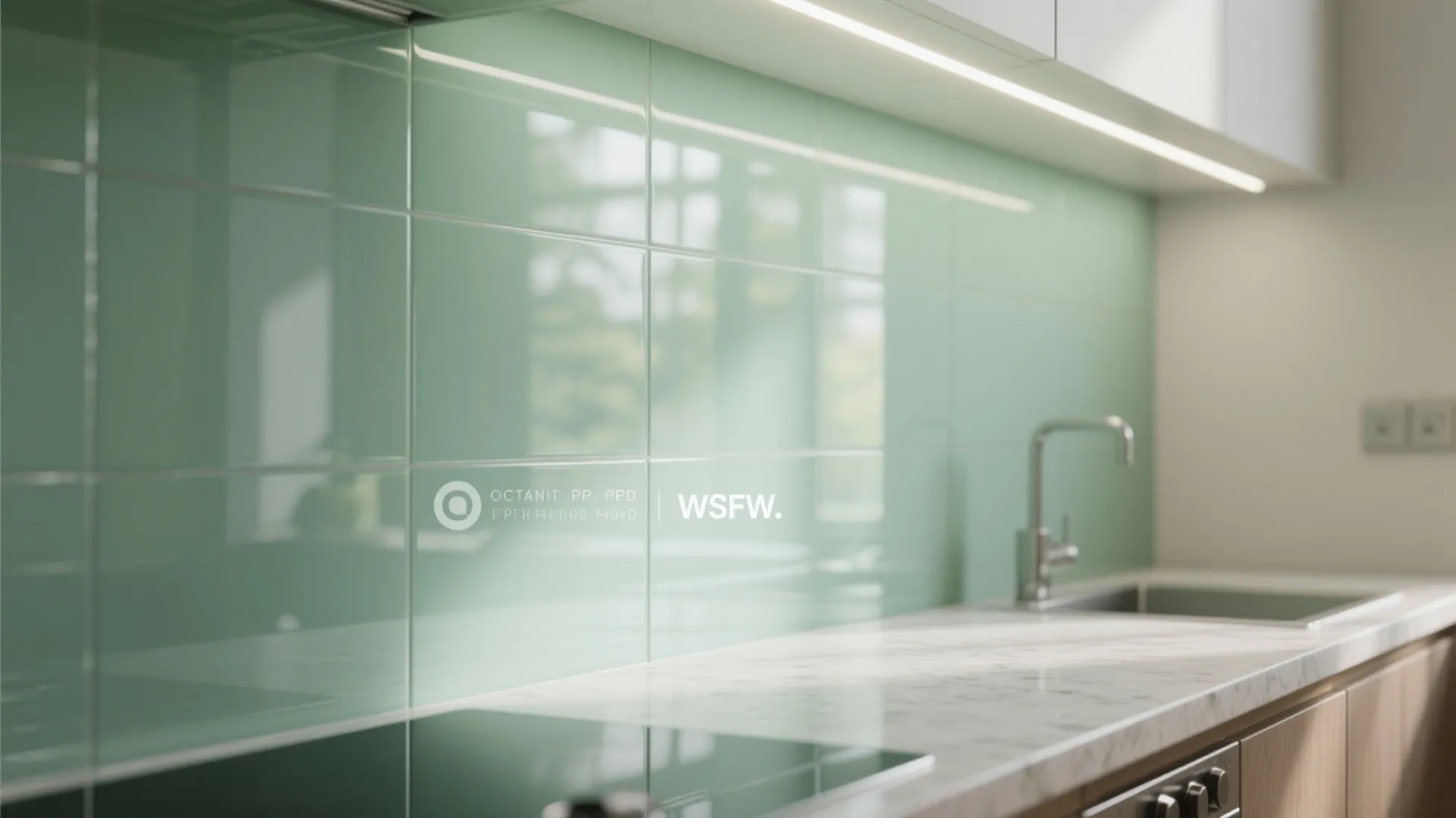Modern kitchen interior design featuring light green glossy tile backsplash, marble countertop, and sink area