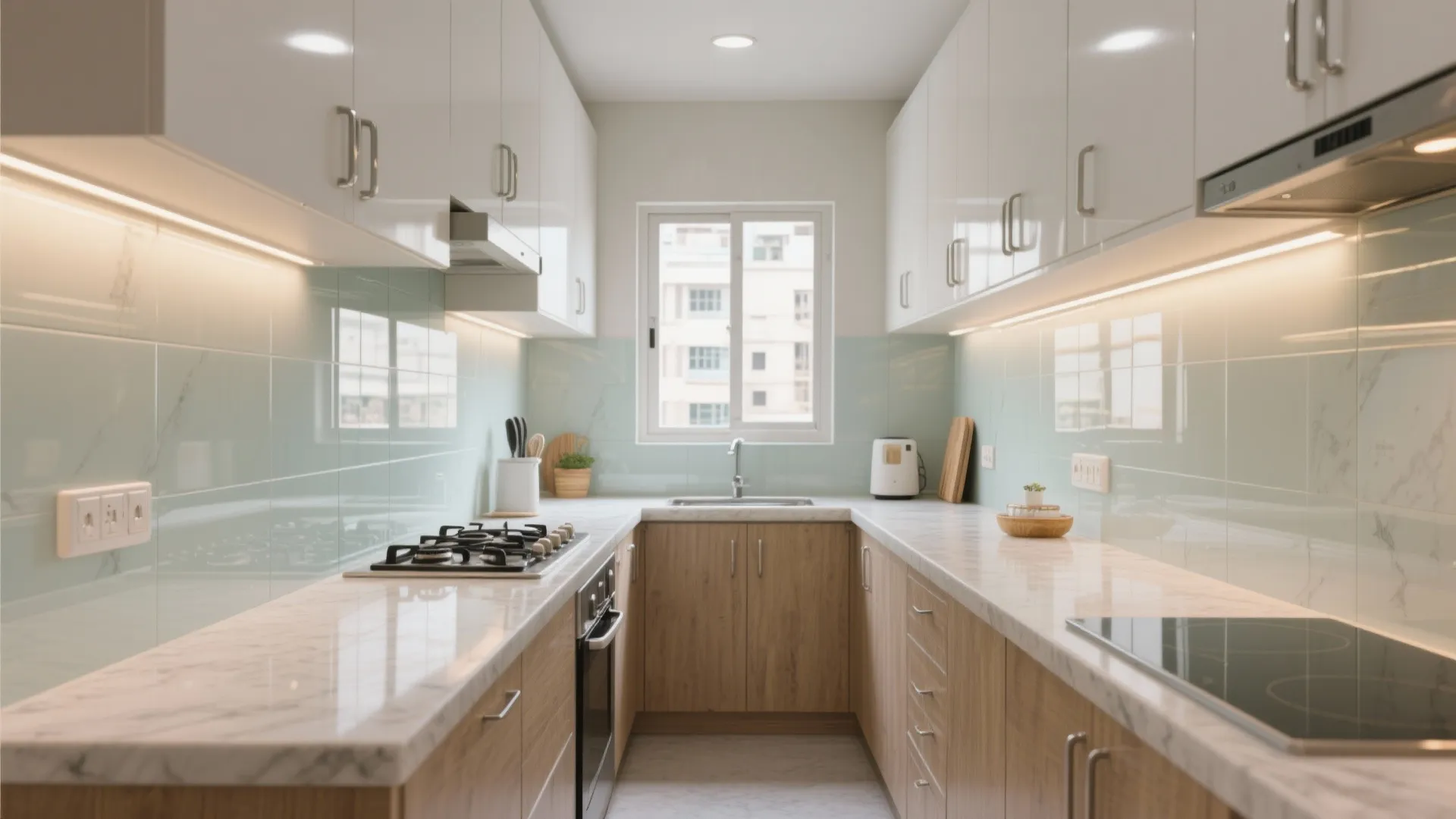 Glass backsplash and reflective finishes in the compact kitchen