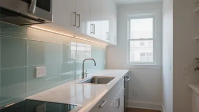 Modern Kitchen with Mint Tile Backsplash & Smart Lighting