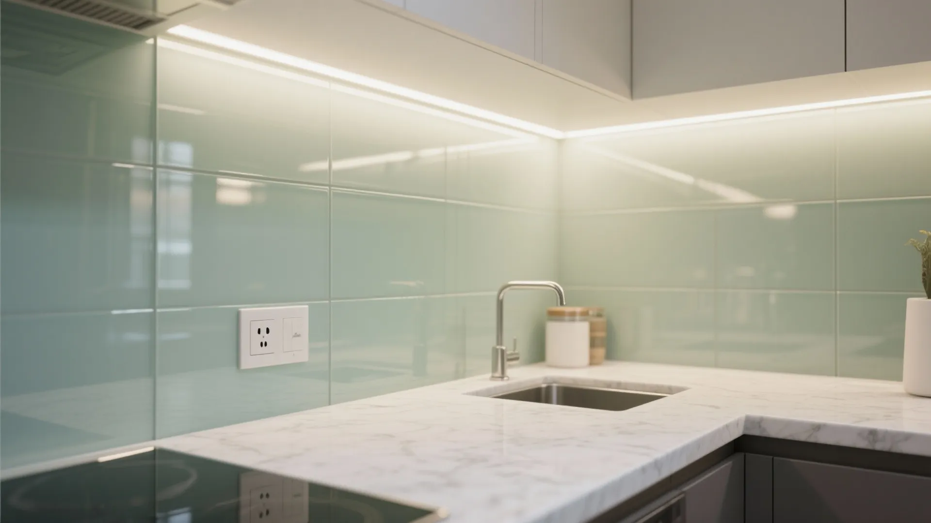 Glass backsplash for depth and light