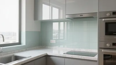 Modern Kitchen with Mint Glass Backsplash & Marble Countertops