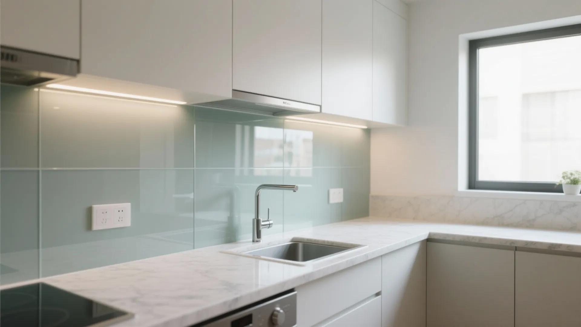 Glass backsplash for light and clarity