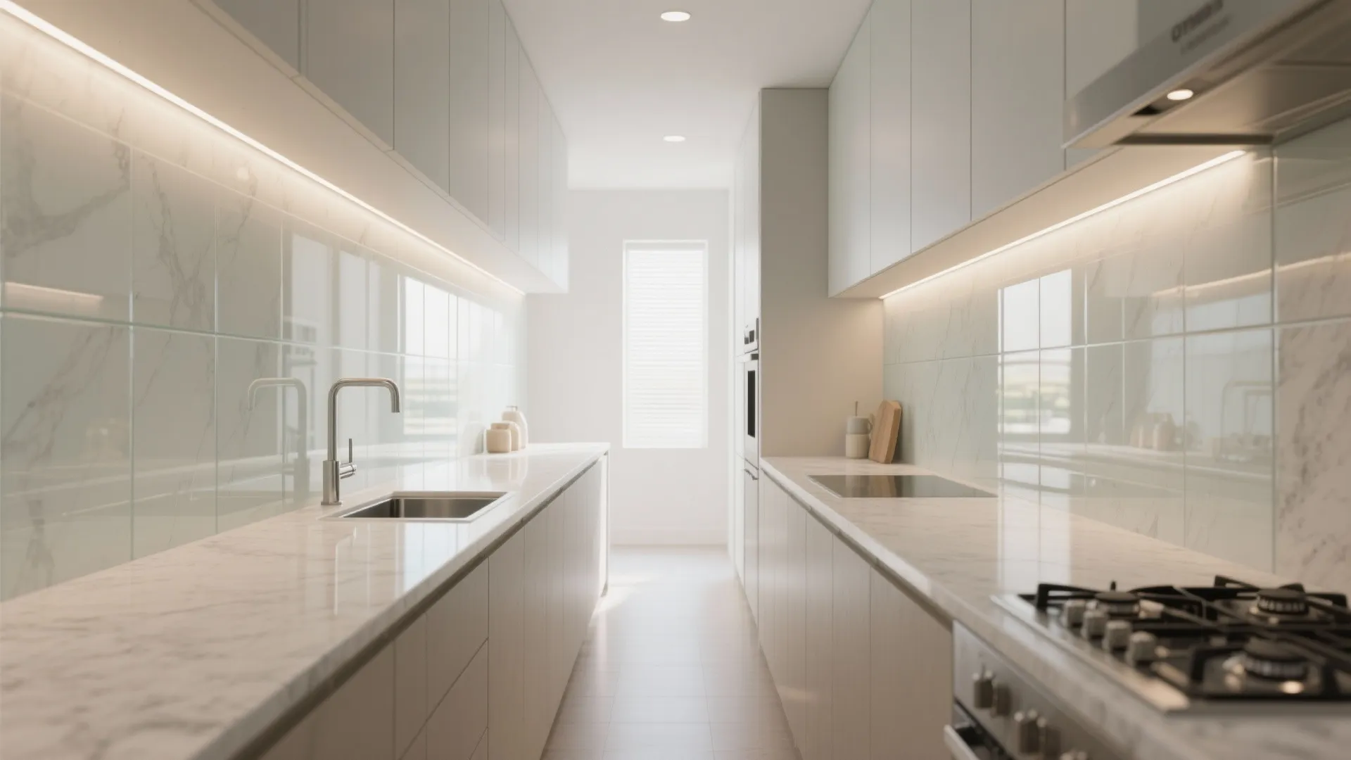 Bright kitchen with white cabinets marble countertops glass wall panels and natural light from window