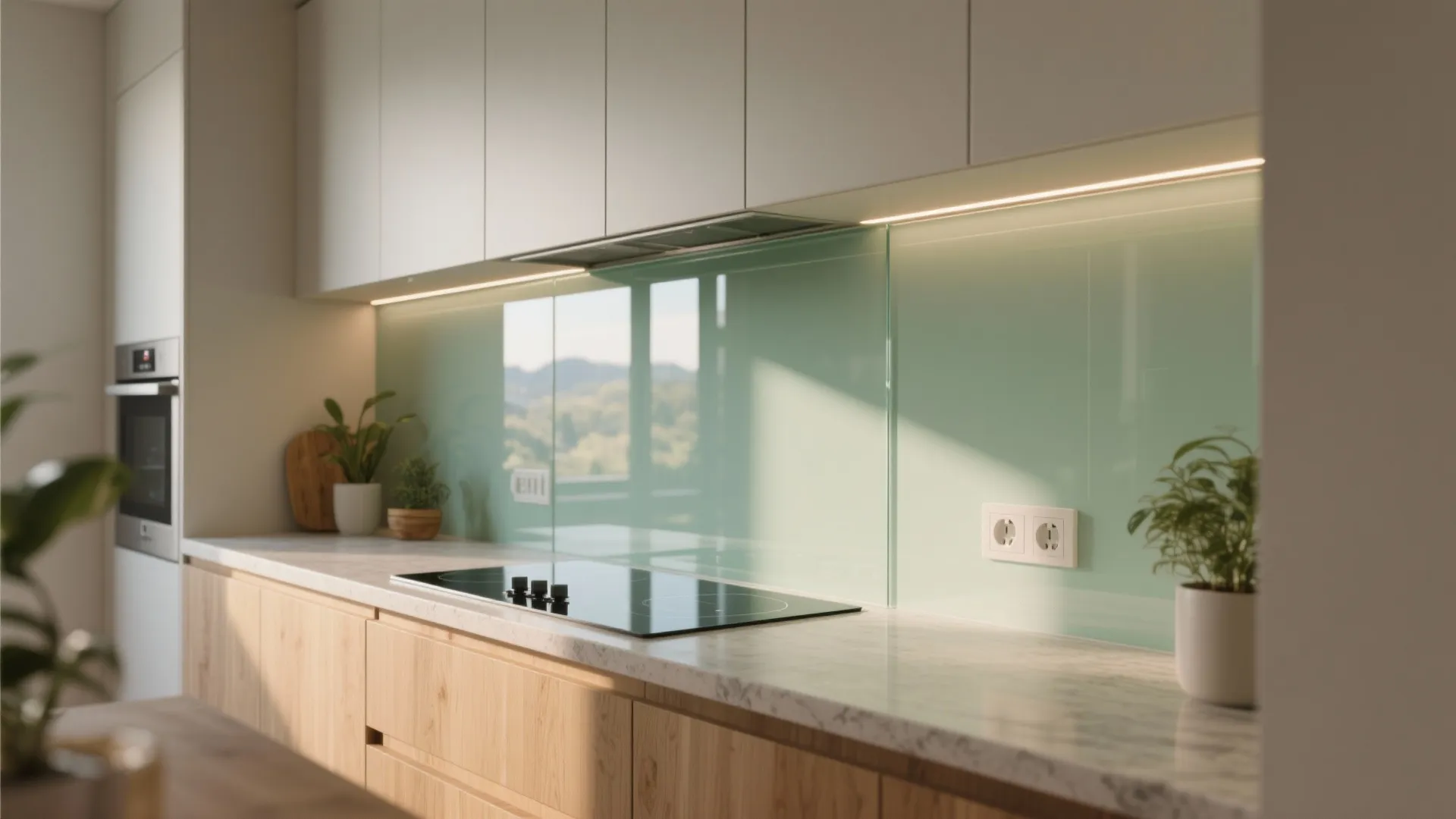 Low-iron glass backsplash reflecting soft morning light in a compact kitchen