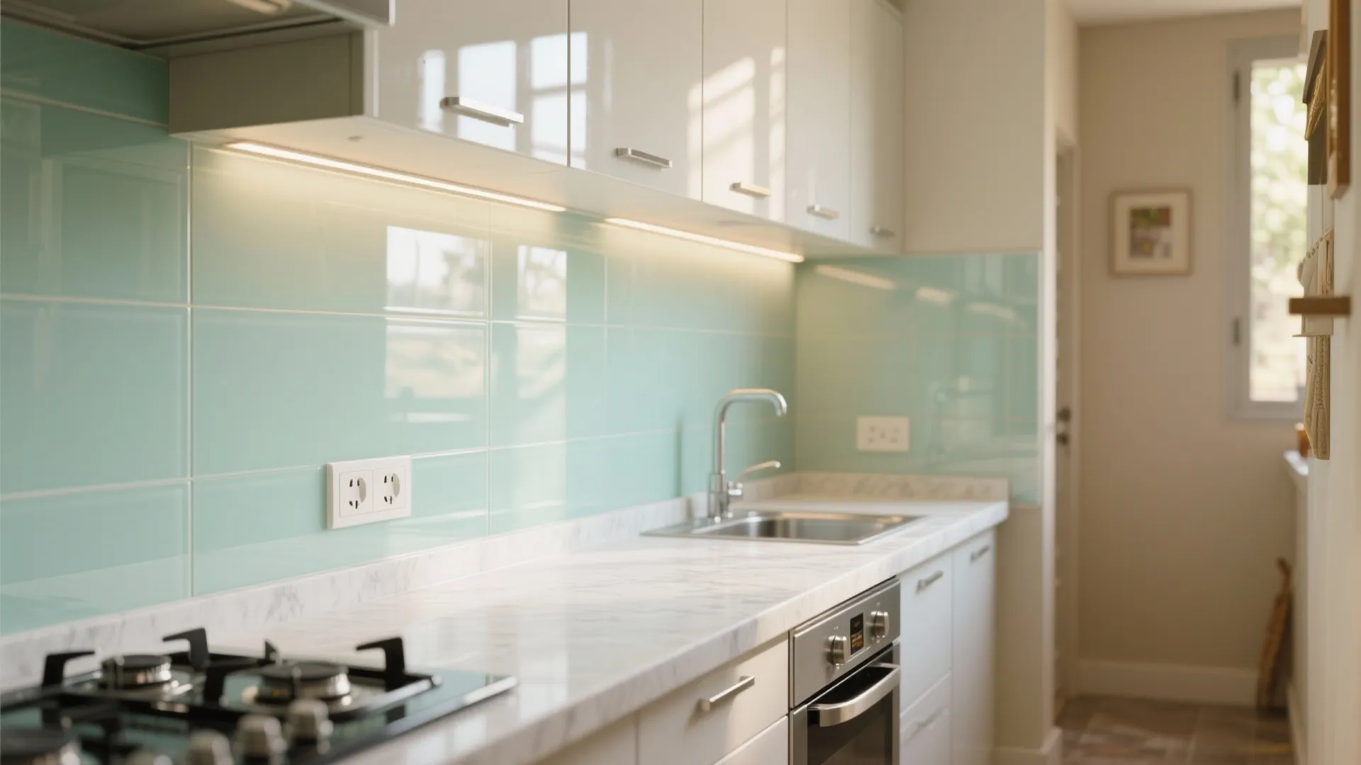 Glass backsplash for a brighter, easy-clean surface