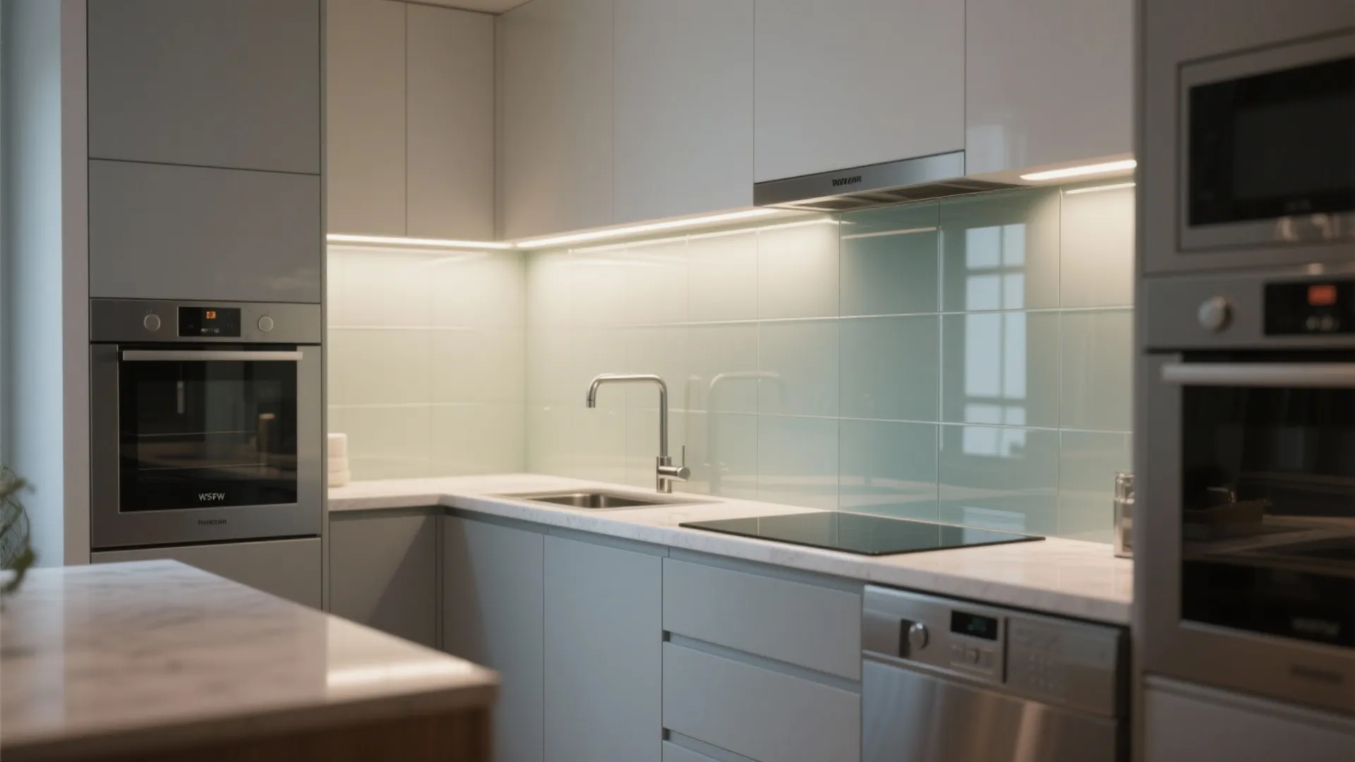 Modern grey kitchen featuring a light green glass wall with built in oven and sink